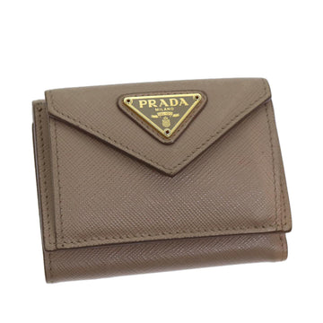 PRADA Compact Wallet Safiano leather Beige Auth am6381