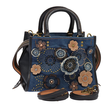 Coach Tea Rose Rogue 25 Hand Bag Denim 2way Blue Gold Auth am6757