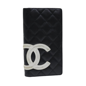 CHANEL Cambon Line Wallet Leather Black Silver CC Auth ar12418