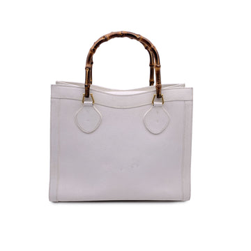 GUCCI Vintage White Leather Bamboo Princess Diana Tote Bag
