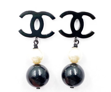 CHANEL Black CC Pearl Black Bead Dangle Piercing Earrings