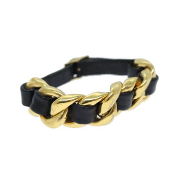 CHANEL Bracelet Metal Leather Gold Black CC Auth bs13971