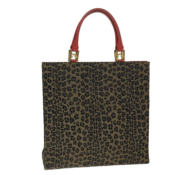 FENDI Leopard Hand Bag Canvas Brown Red Auth bs14393