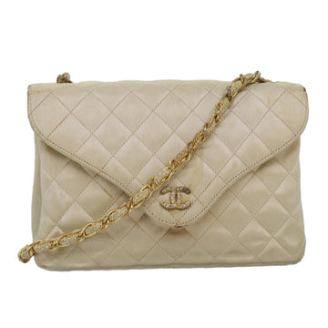 CHANEL Matelasse Chain Shoulder Bag Satin Beige CC Auth bs15109