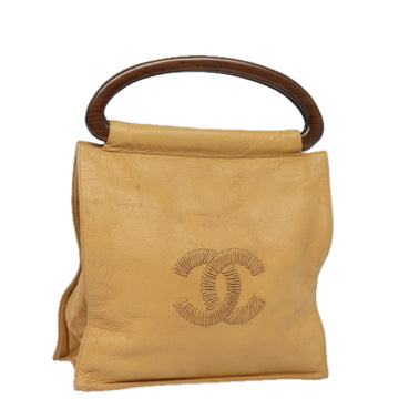 CHANEL COCO Mark Wood Hand Bag Leather Beige CC Auth bs15380