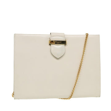 SALVATORE FERRAGAMO Chain Shoulder Bag Leather White Auth bs15693