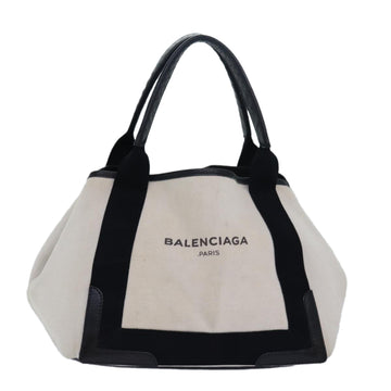 BALENCIAGA Navy Cabas S Hand Bag Canvas Leather Beige Black 339933 Auth bs15697