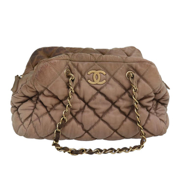 CHANEL Chain Hand Bag Leather Bubble Quilt Beige CC Auth bs16171