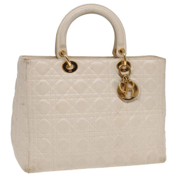 CHRISTIAN DIOR Lady Dior Canage Hand Bag Lamb Skin White Auth bs16369