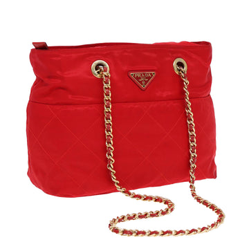 PRADA Chain Shoulder Bag Nylon Red Gold Auth bs16637