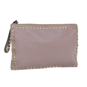 VALENTINO Studs Clutch Bag Leather Pink Gold Auth bs16651