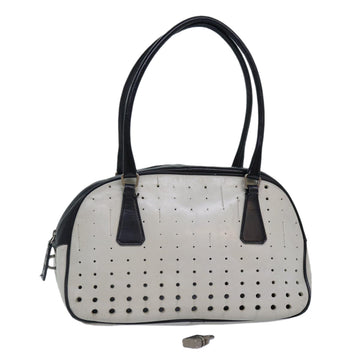 PRADA Hand Bag Leather White Black Silver Auth bs16847