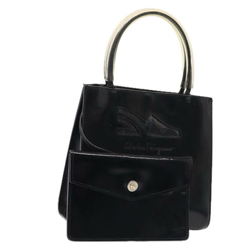 SALVATORE FERRAGAMO Hand Bag Enamel Black Gold Auth bs16870