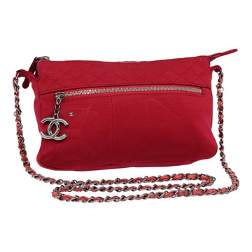 CHANEL Matelasse Chain Shoulder Bag Cotton Red Silver CC Auth bs17224