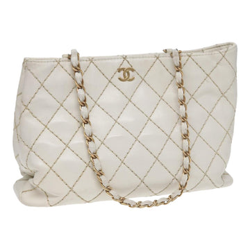 CHANEL Wild Stitch Chain Tote Bag Leather White Gold CC Auth bs17226