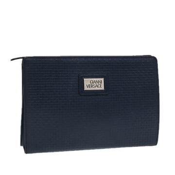 GIANNI VERSACE Clutch Bag Leather Navy Silver Auth bs17468