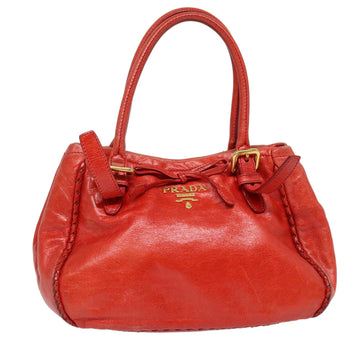 PRADA Hand Bag Leather Red Gold Auth bs17684