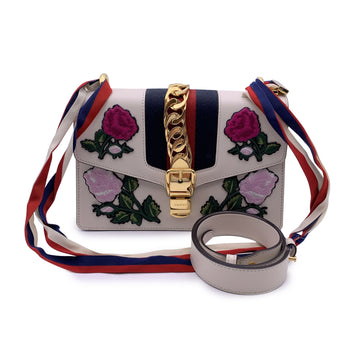 GUCCI White Leather Embroidered Patches Sylvie Small Shoulder Bag