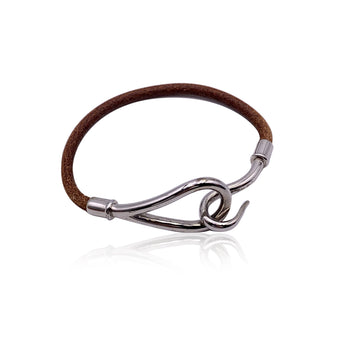 HERMES Brown Leather Silver Metal Jumbo Hook Bracelet