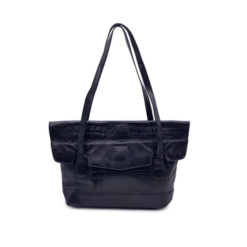 Enrico Coveri Vintage Black Embossed Leather Tote Shoulder Bag