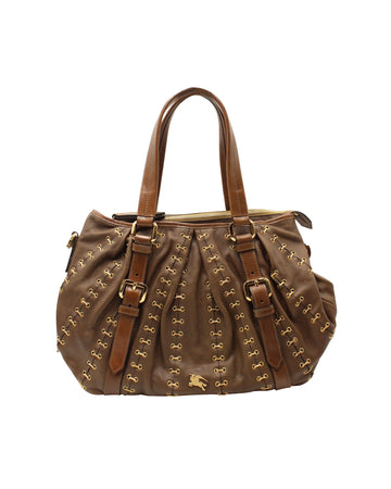 Vintage Brown Grained Leather Tote Bag with Golden Metallic Details
