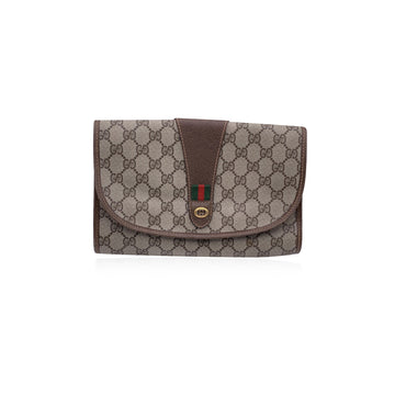 GUCCI Vintage Brown Monogram Canvas Web Cosmetic Flap Bag Clutch