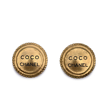 CHANEL Vintage Gold Metal Round Coco  Clip On Earrings