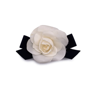CHANEL Vintage White Silk Black Satin Bow Camellia Camelia Brooch