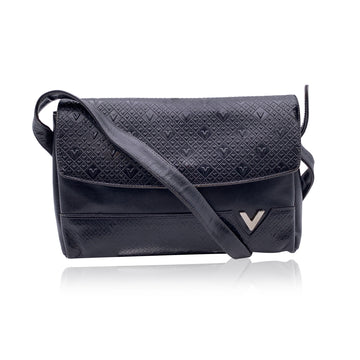 VALENTINOMario  Vintage Black Embossed Logo Leather Shoulder Bag