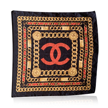 CHANEL Vintage Black Red Yellow Silk Scarf Cc Logo And Chain Print