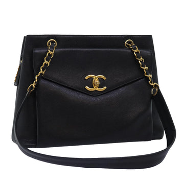 CHANEL Chain Shoulder Bag Caviar Skin Black CC Auth fm3376A