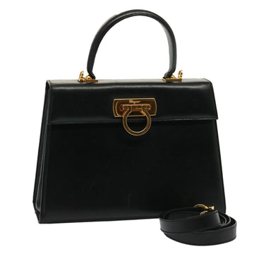 SALVATORE FERRAGAMO Gancini Hand Bag Leather 2way Black Auth fm3545