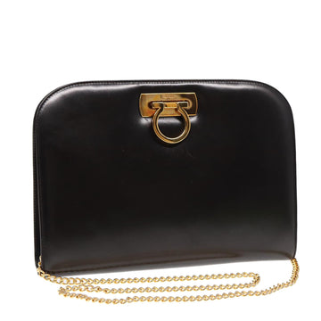 SALVATORE FERRAGAMO Gancini Chain Shoulder Bag Leather Brown Gold Auth fm3764