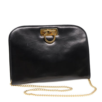 SALVATORE FERRAGAMO Gancini Chain Shoulder Bag Leather Black Gold Auth fm3768