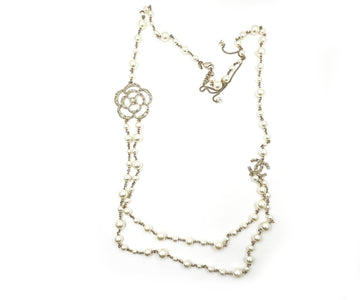 CHANEL Gold CC Camellia Pearl 2 Strand Long Necklace