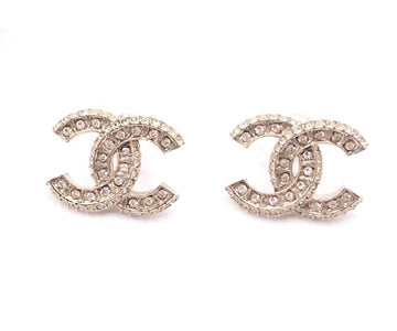 CHANEL Classic Gold CC Crystal Block Pearl Piercing Earrings