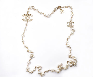 CHANEL Gold CC Cross Crystal Pearl Necklace
