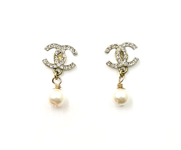 CHANEL Gold CC Crystal Pearl Dangle Piercing Earrings