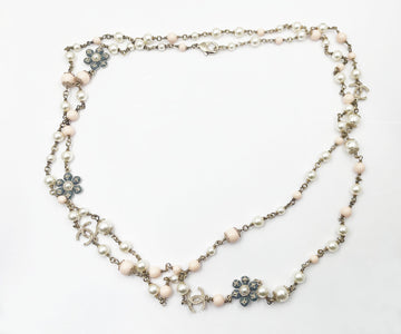 CHANEL Rare Gold CC Pastel Blue Pink Flower Pearl Necklace