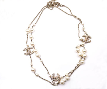 CHANEL gold CC Pastel Flower Crystal Pearl Long Necklace