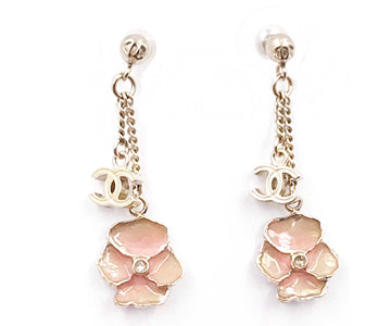 CHANEL Gold CC Pink Flower Dangle Piercing Earrings