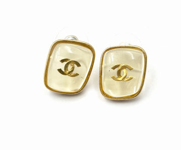 CHANEL Vintage Gold CC Clear Rectangle Stud Piercing Earrings