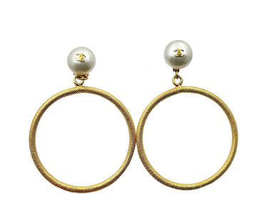 CHANEL Vintage Rare Gold Plated CC Pearl Large Hoop Dangle Clip on Earrings