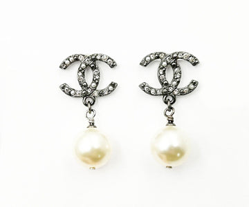 CHANEL Gunmetal CC Crystal Pearl Dangle Piercing Earrings