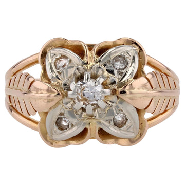 1960s Retro White Sapphires 18 Karat Rose Gold Feather Clover Ring