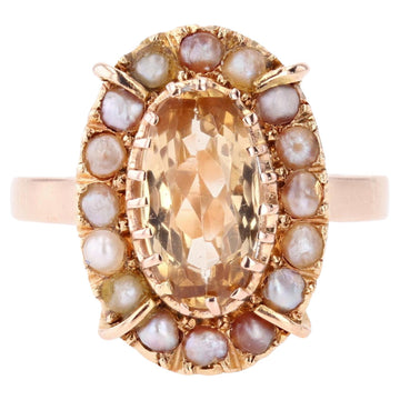French 20th Century Imperial Topaz Fine Pearls 18 Karat Rose Gold Marquise Ring