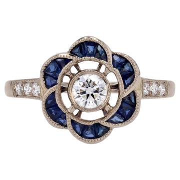 New Art Deco Style Calibrated Sapphires Diamonds 18 K White Gold Flower Ring