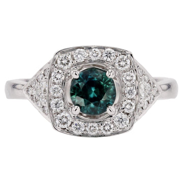 New Art Deco Style Teal Sapphire Diamonds 18 Karat White Gold Cluster Ring
