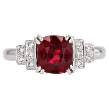 New Art Deco Style Natural Vivid Red Spinel Diamonds 18 Karat White Gold Ring