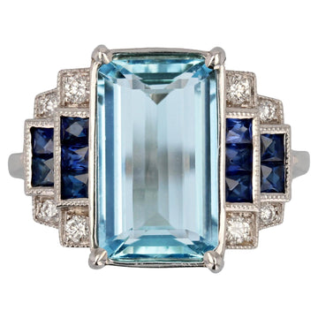 New Art Deco Style Aquamarine Sapphires Diamonds 18K White Gold Staircase Ring
